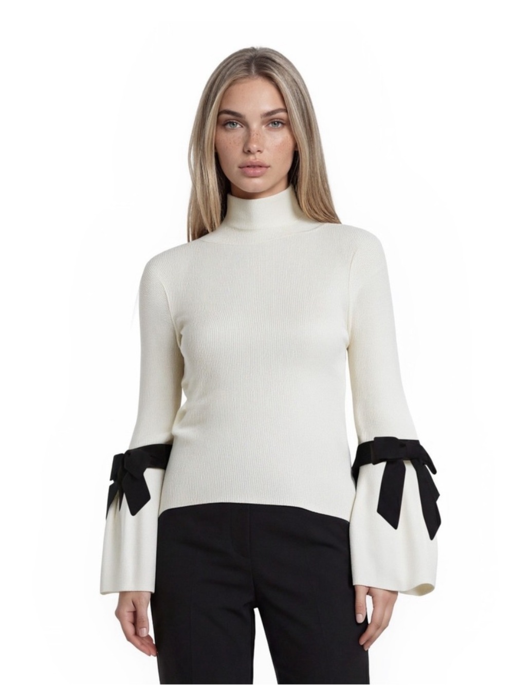Maeve Cream Turtleneck Sweater with Black Bow Sleeve Details